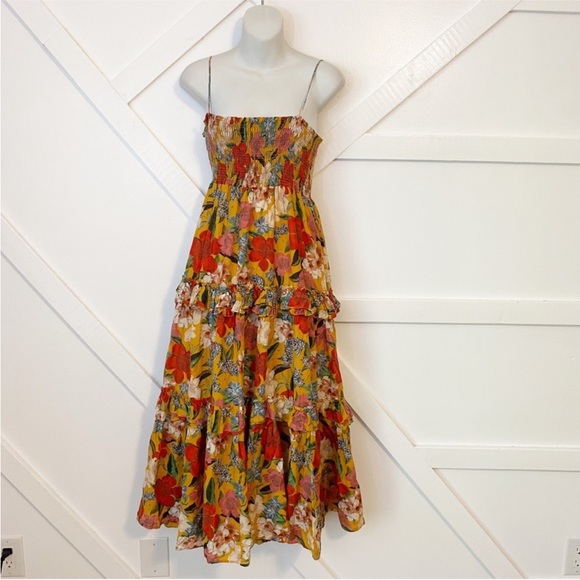 Nicholas Floral Printed Tiered Ruffle Smocked Prairie Sleeveless Midi Dress 16 - Picture 3 of 13